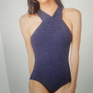 Shoshanna Navy & Silver High Neck Cross Back One-Piece Swimsuit Size 4